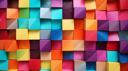 Squares of geometric blocks, cubes or cuboids, colored papers pattern wall with strong modern abstract design, background texture