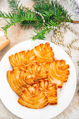 christmas cookie puff pastry biscuits cookies sweet dessert puff sfoglie holiday treat new year and christmas celebration meal food snack on the table copy space food background rustic top view