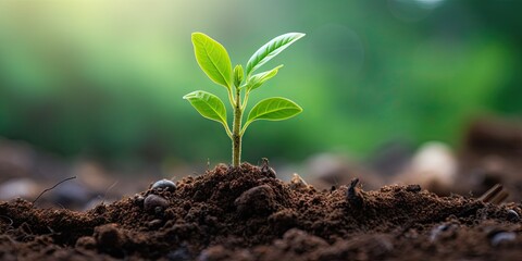 Sustainable growth concept. Fresh seedling and young green life. Environmental planting. Seedling in nature. Spring beginnings