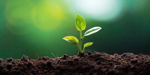 Sustainable growth concept. Fresh seedling and young green life. Environmental planting. Seedling in nature. Spring beginnings