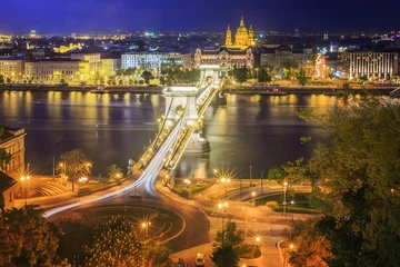 Foto auf Acrylglas Kettenbrücke BUDAPEST, HUNGARY - APRIL 14, 2016: Aerial view of Chain Bridge on Danube River and St. Stephen's Basilica at night, Budapest, Hungary