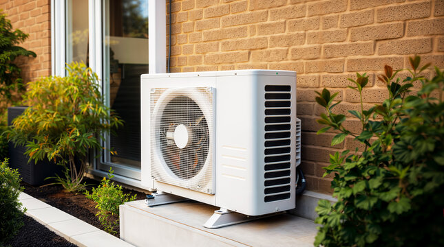 Eco friendly heat pump system, home temperature regulation, air source outside a house or building