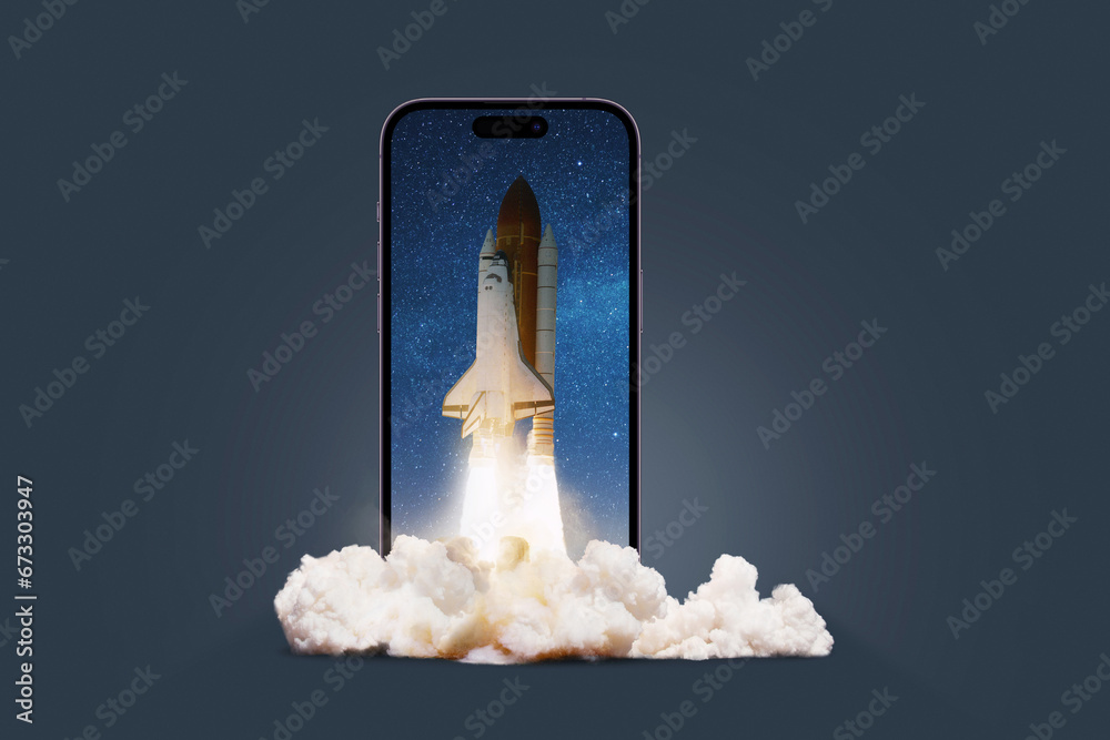 Aufkleber Rocket shuttle successful launch on a smartphone on a dark background, concept. Start up, gadget and take off of a spaceship with smoke. Overflow, creating an idea. Think differently. App