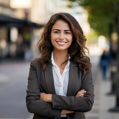 Naklejka premium A confident young businesswoman, a successful entrepreneur, standing outdoors, arms crossed, exuding positivity and confidence. A modern professional in a corporate setting. Photography.ai generative