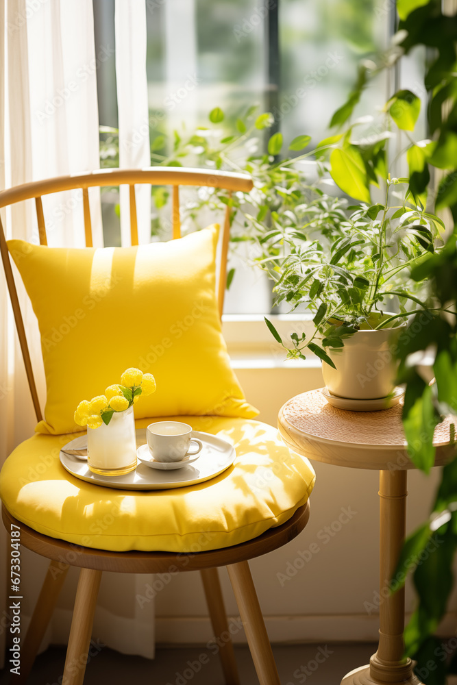 Poster Home leisure room with yellow seat cushions next to a window sill filled with plants