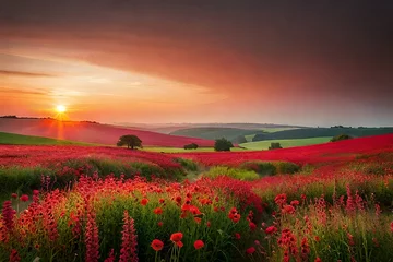 Abwaschbare Fototapete poppy field at sunset © Sofia Saif