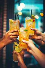 Close up of friends group cheering mojito drinks at bar restaurant, party time, cocktail close up