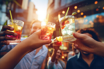 Close up of friends group cheering mojito drinks at bar restaurant, party time, cocktail close up
