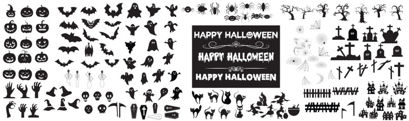 Set of silhouettes of Halloween doodle style vector on a white background. Vector illustration. Black spooky elements for your design. Hand drawn Halloween vector. Halloween silhouettes. - obrazy, fototapety, plakaty
