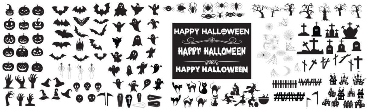 Set of silhouettes of Halloween doodle style vector on a white background. Vector illustration. Black spooky elements for your design. Hand drawn Halloween vector. Halloween silhouettes.