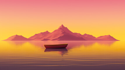 Fototapeta na wymiar tranquil boat at serene lake at sunset, in style of pink, orange and purple, solitude and calmness concept