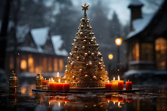 xmas night garland decorated with balls and tree toper star, some candles around it on the ground in blur background snow fall on the top of houses Christmas background