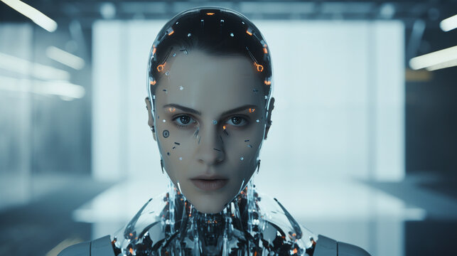 Close-up of the AI robot's face as it cross-checks identification documents, promoting a secure and reliable identity verification process in the well-controlled lighting of the ch 