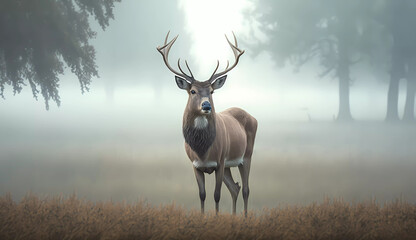 a deer standing in a field with fog in the background and trees in the foreground