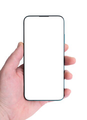 Hand holding smartphone with blank screen on isolated background.