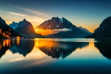 Foto op Plexiglas Mistige ochtendstond sunrise over the lake