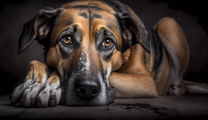 a dog with a sad look on his face laying down on the floor with his paw on the ground