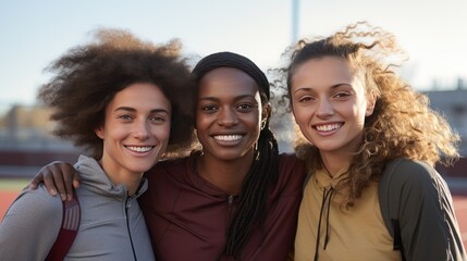 Obraz premium Group of three young, diverse female athletes celebrate their healthy