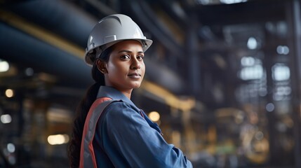 Indian woman staff worker engineer supervisor in safety suit work in factory