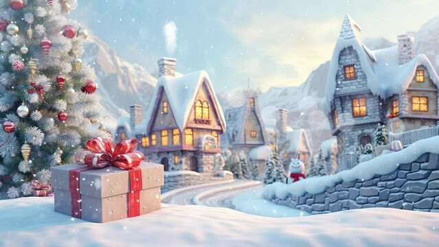 christmas celebration with gift box in the village. with cartoon style. seamless looping time-lapse virtual video animation background.