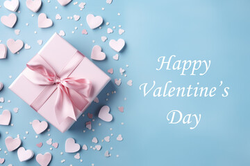 Beautiful Valentine's Day greeting flyer or poster. Top view on pink gift box, on blue background