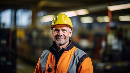 Portrait of male industrial worker indoors in factory.