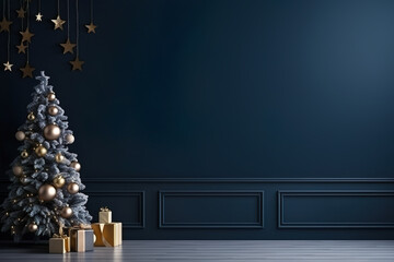 Navy blue living room, Christmas tree, gift box, Copy space