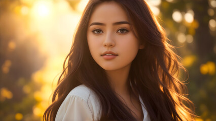 Fototapeta premium A stunningly beautiful girl stands before you, her skin glowing in the sunlight as she stands unattired, her natural beauty on full display.