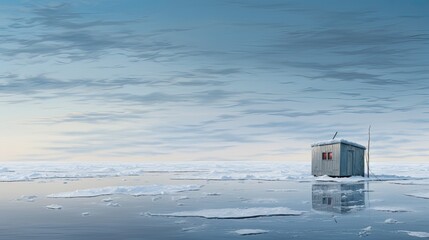  A lone ice fishing hut sits on a frozen expanse under a vast blue sky with scattered clouds.