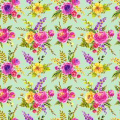 Seamless pattern of watercolor flowers on a light green background, print on fabrics, decor for various surfaces. - 673308332