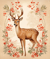  Deer with a Christmas holly berry, vintage style illustration