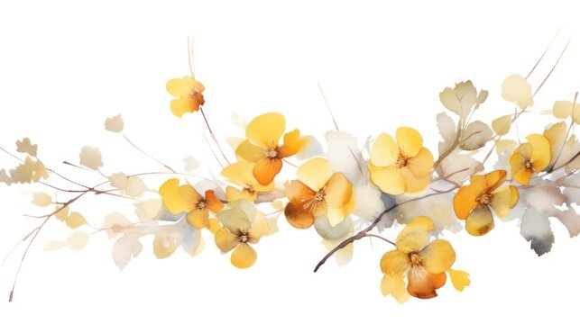 Abstract floral art background. Botanical watercolour, hand painted gentle yellow and gold flowers and leaf on white background