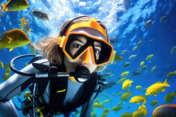 Young woman diving into turquoise waters of tropical ocean, surrounded by colorful marine life