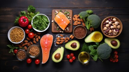 Top view Healthy food in heart and cholesterol diet concept on old black wooden table - obrazy, fototapety, plakaty