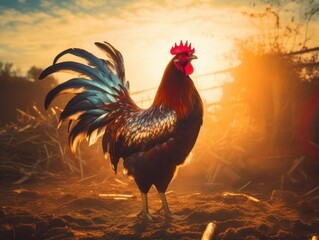 rooster in the countryside - obrazy, fototapety, plakaty