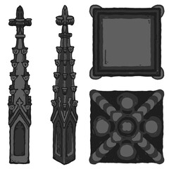 Obraz premium Gothic pinnacle - cap/crown/peak of a buttress stylized drawing. Architectural stone spire; european medieval cathedral/church crocketed turret illustration; with top and bottom view