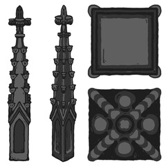Obraz premium Gothic pinnacle - cap/crown/peak of a buttress stylized drawing. Architectural stone spire; european medieval cathedral/church crocketed turret illustration; with top and bottom view