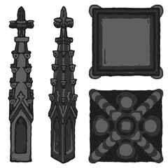 Obraz premium Gothic pinnacle - cap/crown/peak of a buttress stylized drawing. Architectural stone spire; european medieval cathedral/church crocketed turret illustration; with top and bottom view