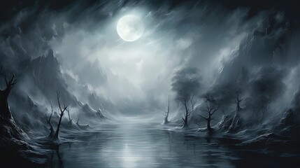 creepy scary winter nature landscape moon shine with dark misty fog drifting around background, Generative Ai - obrazy, fototapety, plakaty