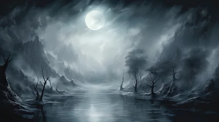 Fotobehang creepy scary winter nature landscape moon shine with dark misty fog drifting around background, Generative Ai © Seek and Find