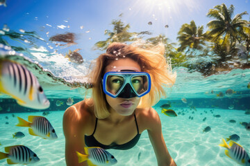 Young woman diving into turquoise waters of tropical ocean, surrounded by colorful marine life