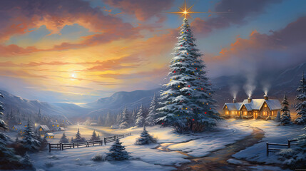 winter season scene with big Christmas time in rural countryside valley village with gradient twilight sky, painting style illustration,  Generative Ai