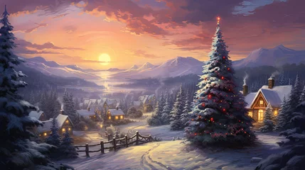 Fotobehang winter season scene with big Christmas time in rural countryside valley village with gradient twilight sky, painting style illustration, Generative Ai © Seek and Find