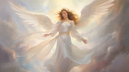 beautiful angel wearing white dress with white wings flying in sky, artistic painting illustration, Generative Ai