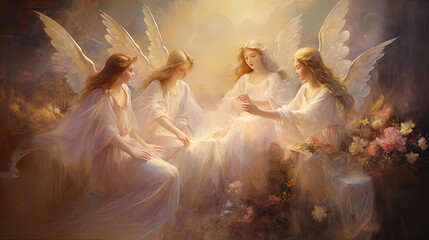beautiful group of angels wearing white dress with white wings sitting in flower garden, artistic painting illustration, Generative Ai