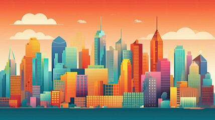 Obraz premium A vintage-styled risograph illustration that distills the spirit of famous city skylines with a limited color palette, offering a nostalgic embrace of urban architecture