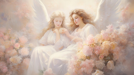 beautiful two angels wearing white dress with white wings sitting in flower garden, artistic painting illustration, Generative Ai