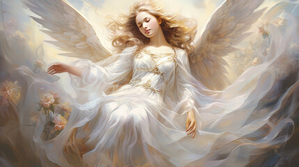 beautiful angel wearing white dress with white wings flying in sky, artistic painting illustration, Generative Ai - obrazy, fototapety, plakaty