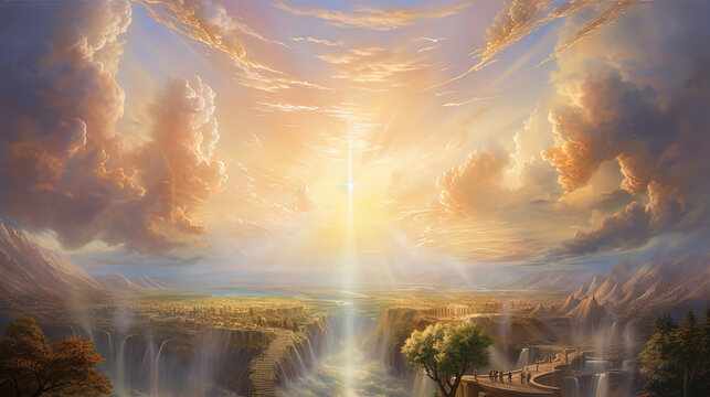 abstract artistic illustration, sunburst light shine upon river and hill, generative Ai