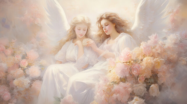 beautiful two angels wearing white dress with white wings sitting in flower garden, artistic painting illustration, Generative Ai